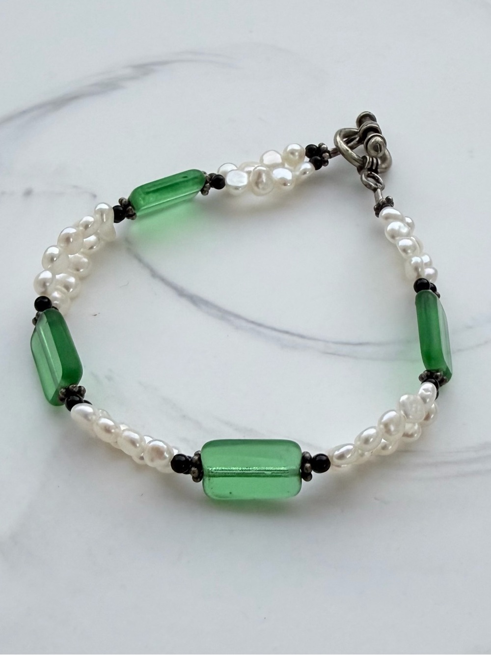 Dainty Green Glass, Freshwater Pearl, Black Onyx Bracelet, Handmade, 7”